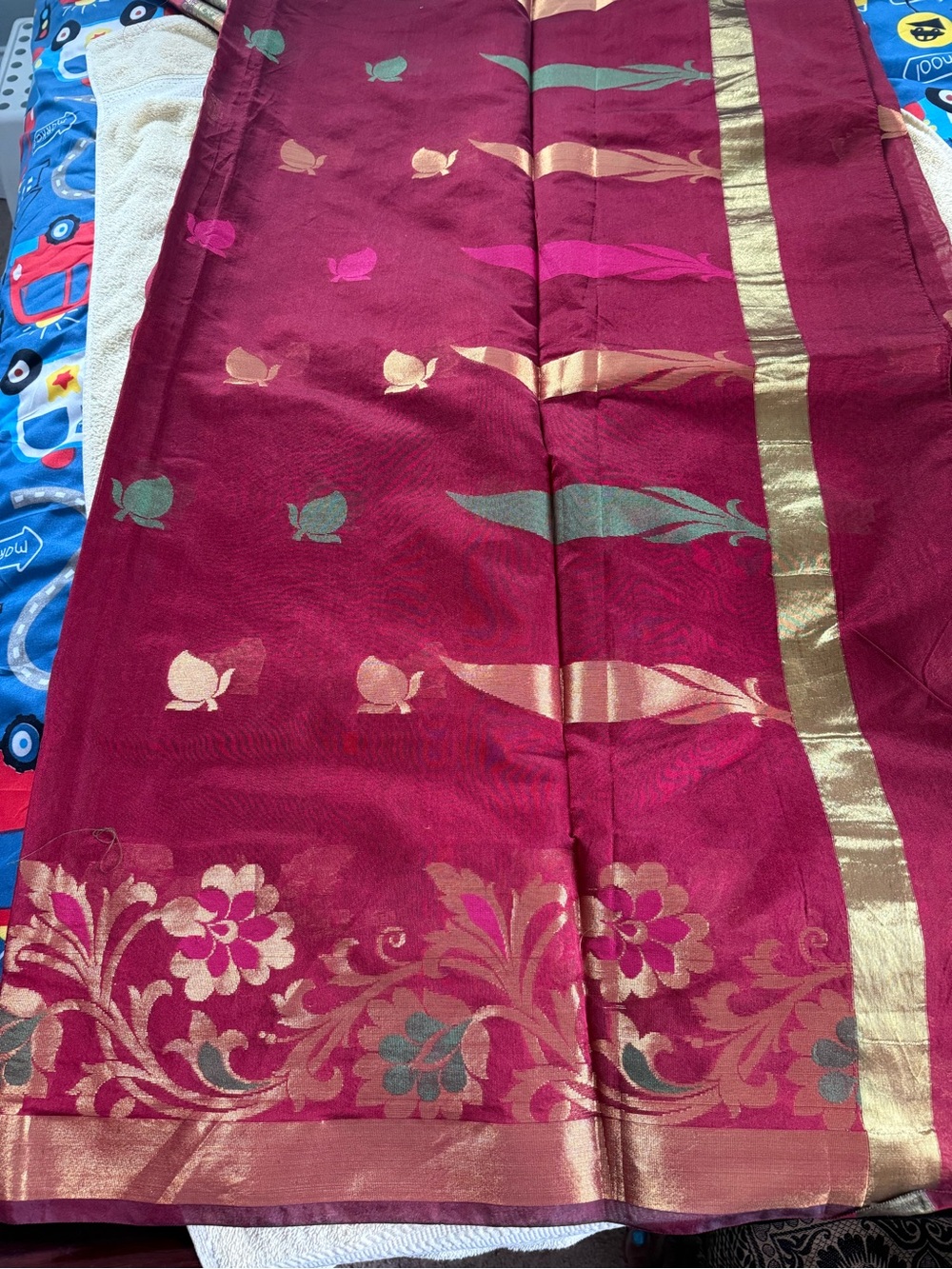 Women’s Maroon Floral Border Skirt with Gold Accents